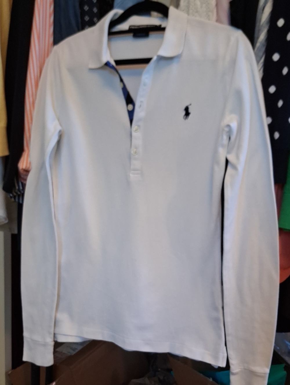 VINTAGE Ralph Lauren 🌟BRIGHT White Long-Sleeve Polo with Navy Pony S